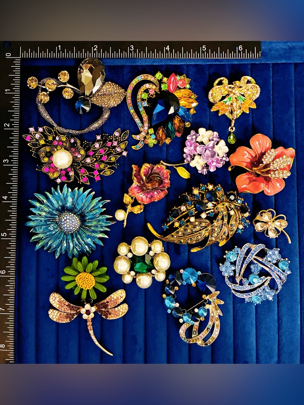 15pc Mixed Floral Rhinestone Brooch Pin Lot Sunflower Dragonfly Flower